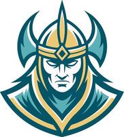 Bold Viking Warrior Head Illustration with Helmet and Axe for Sports Mascot Designs vector