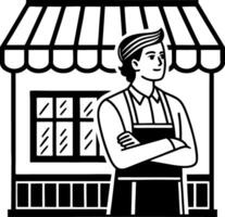 Confident Shopkeeper Standing in Front of Storefront with Awning and Window Design vector