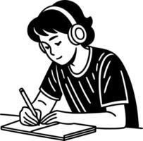 Focused Student Listening to Music While Writing in Notebook Illustration vector