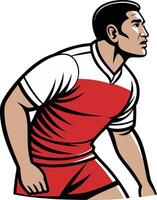 Dynamic Male Soccer Player in Red and White Uniform Ready for Action vector