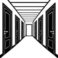 Long Perspective Hallway with Multiple Black Doors and Empty Center for Background Use vector