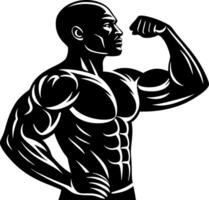 Strong Muscular Man Showing Bicep Flexing Pose Ideal for Fitness Branding and Tattoo Design vector