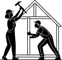 Construction Workers Building House with Hammer and Support Beam for Home Renovation Graphics vector