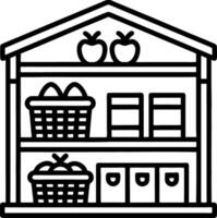 Simple Line Art Grocery Shelf with Baskets Fruits and Eggs Kitchen Decor for Coloring Book vector
