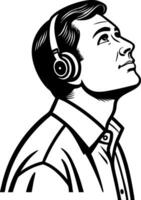 Man Listening to Music with Headphones in Black and White Art for Design and Illustrations vector