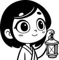 Cute Girl Holding Lantern in Playful Style Ideal for Coloring Books and Illustrations vector