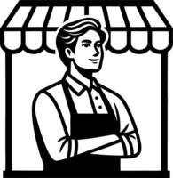 Friendly Shopkeeper in Apron Standing Proudly at Storefront for Marketing Concepts vector