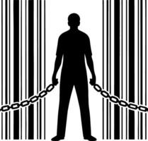 Silhouette of Man Breaking Chains Against Barcode Background Symbolizing Freedom and Liberation vector