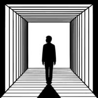 Silhouette of a Man Walking Through a Perspective Tunnel in Black and White Design vector