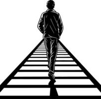 Silhouette of Man Walking on Abstract Railway Tracks Graphic for Inspirational Concepts vector