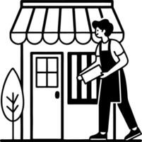 Delivery Person Carrying Package at Small Business Shopfront with Awning vector