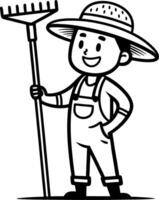 Cheerful Farmer Standing with Rake in Straw Hat for Fun Illustrations and Coloring Pages vector