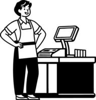 Smiling Cashier Standing at Checkout Register Ready to Assist Customers in Retail Environment vector