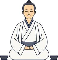 Meditating Man in Traditional Attire with Bowls Emphasizing Mindfulness and Serenity vector