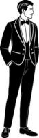 Elegant Man in Classic Tuxedo with Bow Tie Standing Confidently for Fashion and Event Themes vector
