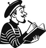 Creative French Artist in Beret Sketching in Notebook Black and White Design vector