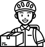 Delivery Person Carrying Package Smiling with Bike Helmet for E-commerce and Delivery Services vector