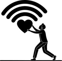 Man Carrying Heart with WiFi Signal Representing Connection and Love for Technology vector