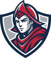 Bold Knight Emblem Design Featuring Fierce Warrior in Red and Navy Colors for Sports Branding vector