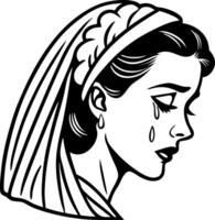 Elegant Sad Bride Profile in Vintage Style with Tearful Expression for Tattoo and Illustration Design vector