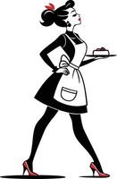 Retro Elegant Waitress Serving Cake in Vintage Style with High Heels and Apron vector