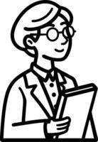 Cheerful Scientist Holding Notebook in Lab Coat Suitable for Educational Materials and Illustrations vector