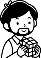 Joyful Boy Holding Rubiks Cube Fun Puzzle Game for Kids Coloring Activity Design vector