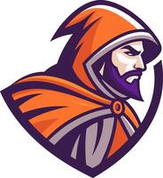 Mystical Warrior Character with Orange Hooded Cloak for Gaming and Branding Designs vector