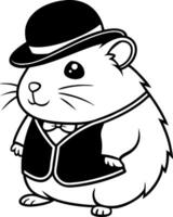 Charming Cartoon Hamster in Bowtie and Top Hat Suitable for Kids Coloring Books and Tattoos vector