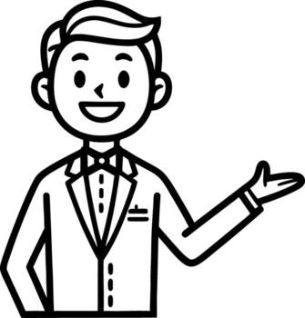 Friendly Male Character in Suit with Bowtie Gesturing Smiling Suitable for Business Graphics vector