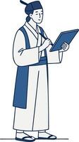 Traditional Scholar Writing on Tablet in Elegant Attire Illustration vector