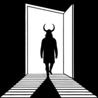Mysterious silhouette figure with horns walking through a doorway casting shadows vector