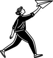 Person Enthusiastically Launching Paper Airplane in Motion Illustration for Creative Projects vector