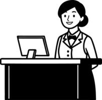 Friendly Receptionist at a Modern Desk with Computer Display in Minimalist Style vector