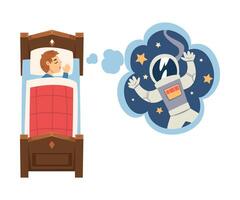 Cute Boy Sleeping in Bed and Dreaming About Astronaut in Flying in Outer Space, Kid Lying in Bed Having Sweet Dreams Illustration vector