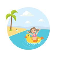 Girl Floating on Inflatable Yellow Duck in the Sea or Ocean at Summer Vacations Illustration illustration vector