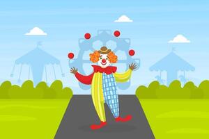 Funny Circus Clown Juggling, Comedian Performance on Summer Landscape Illustration vector