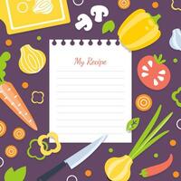 My Recipe Blank Card Template with Fresh Vegetables Pattern, Cookbook Page Illustration vector