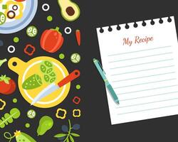My Recipe Blank Card Template with Fresh Vegetables Pattern, Vegetarian Cookbook Page Illustration vector