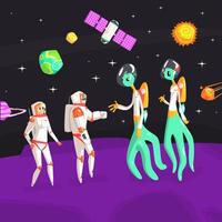 Space Banner Template, Astronauts and Aliens Handshaking on Unknown Planet in Outer Space illustration vector