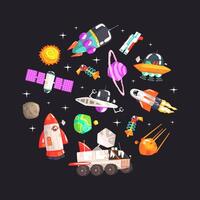 Space Symbols of Round Shape Banner Template, Cosmos Signs Pattern, Spaceship, Satellite, Planets, Ufo Spaceship, Astronaut illustration vector
