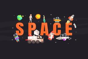Space Banner Template with Astronaut, Spaceship, Rocket, Ufo in Outer Space illustration vector