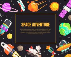 Space Adventure Banner Template with Cosmos Symbols, Spaceship, Satellite, Planets, Ufo Spaceship illustration vector