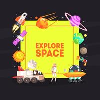 Explore Space Banner Template with Cosmos Symbols, Spaceship, Satellite, Planets, Ufo Spaceship, Astronaut illustration vector