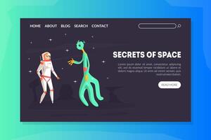 Secrets of Space Landing Page Template with Astronaut and Alien Handshaking illustration vector