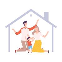 Smiling Mother, Father and Their Son at Home, House Frame with Happy Family Inside Illustration vector