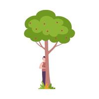 Young Man Standing Behind Apple Tree, Guy Peeking Behind Tree Trunk Illustration vector
