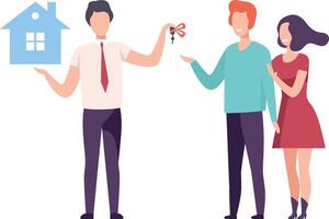 Broker or Real Estate Agent Giving Keys from New House to Family Couple, People Buying or Renting Home Illustration vector