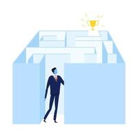 Businessman Finding Solution, Solving Problems, Reaching Goals, Business Character Standing at Labyrinth Illustration vector