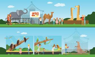 People Visiting the Zoo and Watching Different Wild Animals and Birds at Excursion Illustration vector